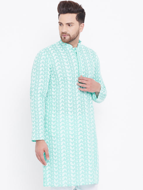 VASTRAMAY Men's Green Pure Cotton Chikankari Kurta